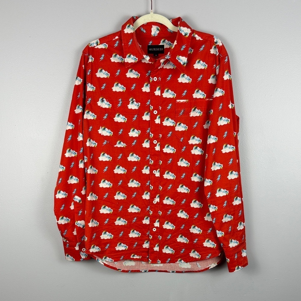 Hayley Elsaesser Cotton Cloud Lightning Unicorn Print Button Down Med Red Shirt - Picture 2 of 13